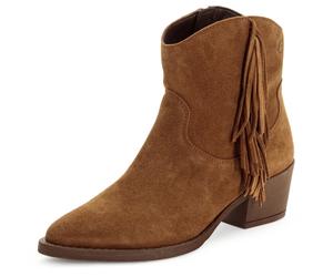 Westernstiefelette TAMARIS, Damen, Gr. 39, braun (dunkelbraun), Veloursleder, unifarben, Schuhe, Blockabsatz, Boots, Cowboystiefelette mit modischen Fransen (84024509-39) dunkelbraun