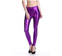Wetlook Leggings Damen Leder Latex Leggings in Lederoptik High Waist Sexy glänzend Hose Lila M