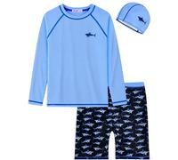 weVSwe 3 Teilig Badeanzug Set für Kleinkind Jungen Kinder UV-Schutz Schutzkleidung Schwimmanzug mit Schwimmshirt Badeshorts und Badekappe für Pool Strand Blauer Hai 4 Jahre