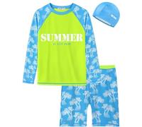 weVSwe Badeanzug Kinder Kleinkinder 3 Teiliges Set mit Badehose Jungen Badeshorts Badekappe und Schwimmshirt Schwimmanzug für Schwimmen Baden Strand Blaue Kokospalme 10 Jahre