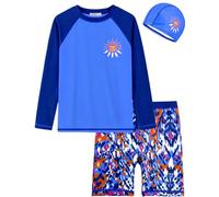 weVSwe Badeanzug Kinder Set Badehose Schwimmshirt und Badekappe für Pool Strand UPF 50+ Geschenke Jungen Tiefblaues Muster 3 Jahre