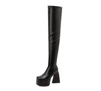WGFJKI Overknee-Stiefel für Damen, Oberschenkelhohe Stiefel, Stretch-Stiefel, wasserdichte Plattform, quadratischer Zehenbereich, seitlicher Reißverschluss, klobige Absätze, Stiefel, 12 cm, Beige, 43