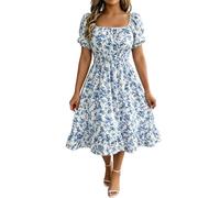 Wgtfot Blumenkleid Damen Sommer Lang Abendkleid Große Größen Kurzarm Sommerkleid mit Quadratischem Ausschnitt A-Linie Elastische Hoher Taille Freizeitkleid mit Ruschen Saum Luftige Boho Strandkleid
