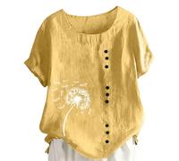 Wgtfot Musselin Bluse Damen Sommer Kurzarm Leinenbluse mit Stickerei Elegant Einfarbig Longbluse Vintage Besticktes Blusenshirt Basic Rundhals Shirt Leicht Leinen Tshirt Lässig Locker Sommershirt 17