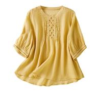 Wgtfot Musselin Bluse Damen Sommer Kurzarm Leinenbluse mit Stickerei Elegant Einfarbig Longbluse Vintage Besticktes Blusenshirt Basic Rundhals Shirt Leicht Leinen Tshirt Lässig Locker Sommershirt 23