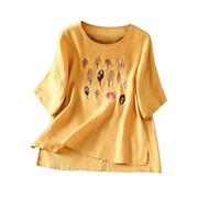 Wgtfot Musselin Bluse Damen Sommer Kurzarm Leinenbluse mit Stickerei Elegant Einfarbig Longbluse Vintage Besticktes Blusenshirt Basic Rundhals Shirt Leicht Leinen Tshirt Lässig Locker Sommershirt 13