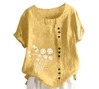 Wgtfot Musselin Bluse Damen Sommer Kurzarm Leinenbluse mit Stickerei Elegant Einfarbig Longbluse Vintage Besticktes Blusenshirt Basic Rundhals Shirt Leicht Leinen Tshirt Lässig Locker Sommershirt 16