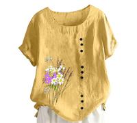 Wgtfot Musselin Bluse Damen Sommer Kurzarm Leinenbluse mit Stickerei Elegant Einfarbig Longbluse Vintage Besticktes Blusenshirt Basic Rundhals Shirt Leicht Leinen Tshirt Lässig Locker Sommershirt 15