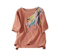 Wgtfot Musselin Bluse Damen Sommer Kurzarm Leinenbluse mit Stickerei Elegant Einfarbig Longbluse Vintage Besticktes Blusenshirt Basic Rundhals Shirt Leicht Leinen Tshirt Lässig Locker Sommershirt 01