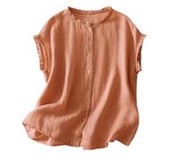 Wgtfot Musselin Bluse Damen Sommer Kurzarm Leinenbluse mit Stickerei Elegant Einfarbig Longbluse Vintage Besticktes Blusenshirt Basic Rundhals Shirt Leicht Leinen Tshirt Lässig Locker Sommershirt 02