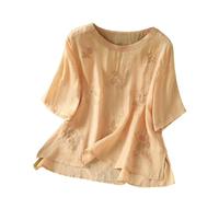 Wgtfot Musselin Bluse Damen Sommer Kurzarm Leinenbluse mit Stickerei Elegant Einfarbig Longbluse Vintage Besticktes Blusenshirt Basic Rundhals Shirt Leicht Leinen Tshirt Lässig Locker Sommershirt 04