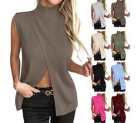 Wgtfot Pullunder Damen Ärmellos Strickweste Einfarbig Gestrickte Weste Modisch Stehkragen Strickpullover mit Schrägschlitz Cross-Over Strickpulli Strick Pullunder für Layering Freizeit Business Büro