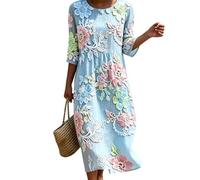 Wgtfot Sommerkleid Damen Lang Boho Strandkleid Locker Rundhals Maxikleid mit mittellangen Ärmeln Modisches Blumenmuster Freizeitkleid Große Größen Abendkleid Hoher Taille Cocktailkleid mit Taschen