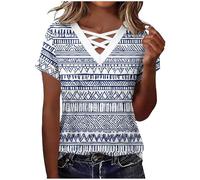 Wgtfot T-Shirt Damen Sommer Tshirt Kurzarm V-Ausschnitt Blusenshirt Modische Bedruckte T Shirt Basic Baumwolle Oberteile Lässige Locker Longshirt Teenager Mädchen Sommershirt Frauen Tunika Tops 36