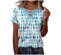 Wgtfot T-Shirt Damen Sommer Tshirt Kurzarm V-Ausschnitt Blusenshirt Modische Bedruckte T Shirt Basic Baumwolle Oberteile Lässige Locker Longshirt Teenager Mädchen Sommershirt Frauen Tunika Tops 34