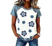 Wgtfot Tshirt Damen Jeans-Imitat Bluse Sommer Kurzarm Shirt Basic Rundhals Sportshirt Denim Patchwork Blusenshirt Vintage Modische Longshirt mit Print Lässige Elegant Shirts Locker Sommershirts 36