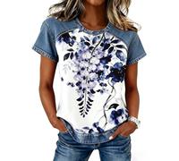 Wgtfot Tshirt Damen Jeans-Imitat Bluse Sommer Kurzarm Shirt Basic Rundhals Sportshirt Denim Patchwork Blusenshirt Vintage Modische Longshirt mit Print Lässige Elegant Shirts Locker Sommershirts 34
