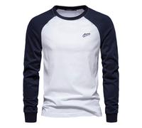 (White, EUR L 80-90kg) Men's Clothing Classic Men's T-shirts 100% Cotton Long Sleeve O-neck Pactwork Casual T shirts for Men New Spring Desig