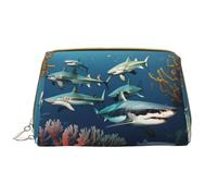 WHJYCC Sharks under the sea Kosmetiktasche, Große wasserdichte Leder Kosmetiktasche, Tragbare Kulturtasche für Frauen mit Reißverschluss, Reiseutensilien, Weiß, One Size, weiß, Einheitsgröße