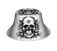 WHJYYXDE Aldult reflektierender Fischerhut mit Totenkopf-Muster, doppelseitig bedruckt, für Damen und Herren, Schwarz, Schwarz, Einheitsgröße