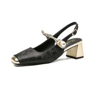 WHLL Blockabsatz Schuhe Damen, Damen Pumps Elegant Retro-Sandalen Mit Quadratspitze Perlendekoration, Pumps Damen Mit Chinesischem Muster Für Alltag Freizeit,Schwarz,35.5 EU