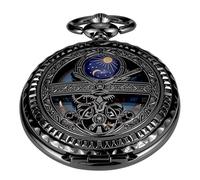 Whodoit Mechanische Taschenuhr mit römischen Ziffern für Herren, mechanisches Mondphasen-Design, Mond, Sonne, Skelett, mechanische Taschenuhr für Herren, mit Gehäuse und Kette, Schwarz, MW125-US