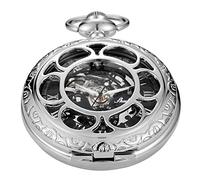 Whodoit Mechanische Taschenuhr mit römischen Ziffern für Herren, mechanisches Mondphasen-Design, Mond, Sonne, Skelett, mechanische Taschenuhr für Herren, mit Gehäuse und Kette, Schwarz, MW142