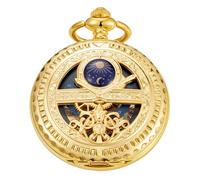 Whodoit Mechanische Taschenuhr mit römischen Ziffern für Herren, mechanisches Mondphasen-Design, Mond, Sonne, Skelett, mechanische Taschenuhr für Herren, mit Gehäuse und Kette, Schwarz, MW175, modisch