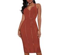 whoinshop Damen Bandage Neckholder V Ausschnitt Midi Cocktial Bodycon Club Party Kleid, Braun, Mittel