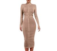 whoinshop Damen Kleid mit Kreuzriemen, gerippt, lange Ärmel, Midi, Herbst, Winter, figurbetontes Partykleid, Khaki1, Groß