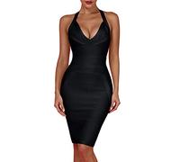 Whoinshop Damen-Kleid mit tiefem V-Ausschnitt, rückenfrei, figurbetont, Cocktail-Party, Bandage-Kleid, Schwarz, Groß