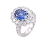 Whoiy Damenring 585 Echtgold Weißgold, Hochzeitsring Halo mit Kreierter Saphir 5ct Verlobungsring 14K Gold Ringe mit Gravur Größe 51 (16.2)