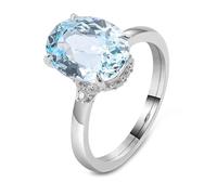 Whoiy Eheringe Damen Gold 375, Solitär Trauring 9 Karat Weissgold mit 1ct Erstellter Aquamarin Bandring Oval Echtgold mit Gravur für Frauen Gr. 51 (16.2)