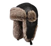 WHSPORT Herren Lederhaube Winter Fliegermütze Unisex Trapper Cap Bomberhut Winddichte Wasserdicht Warm Ohrenklappen Hält Warm Beim Outdoor-Aktivitäten (Color : Black Brown, Size : 60cm/23.62in)