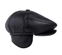 WHSPORT Herren Schiebermütze mit Ohrenklappen Schirmmütze Wintercap Barett Cap Newsboy Leder Gatsby Flatcap (Color : Black, Size : 57-58)