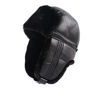WHSPORT Unisex Leder Trappermütze Bomber Hut Fliegermütze Ohrenschützer Fellmütze Warme Kunstfell Russische Mütze Pilotenmütze (Color : Black, Size : 56-58CM/22.04-22.83IN)