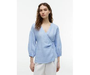 Wickelbluse TOMMY HILFIGER "SUMMER LINEN WRAP TIE BLOUSE", Damen, Gr. 36, blau (blau khaki stripe), Web, Obermaterial: 100% Leinen, gestreift, normal, V-Ausschnitt, Blusen, Leinen (65212855-36) blau k