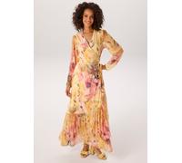Wickelkleid ANISTON CASUAL, Damen, Gr. 46, N-Gr, gelb, apricot, rosa, moosgrün, orange, oliv, braun, marine, weiß, beere, taupe, Jersey, Obermaterial: 95% Polyester, 5% Elasthan. Volant: 95% Polyester