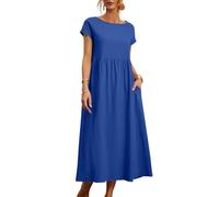 Wickelkleid Damen, Damen Tailliertes Midikleid Cocktailkleid Elegant Loose Einfarbige Rundhals Kurzarm Sommer Kleid Maxikleid Casual Baumwolle Und Leinen Kleider Partykleid Mit Taschen (Blau, M)