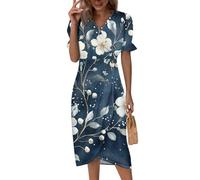 Wickelkleid Damen, Damen Tailliertes Midikleid Kleider Kurzarm V-Ausschnitt Midikleid Vintage Blumen Druck Leichtes Strandkleid Sommerkleider Knopf Klassische Partykleid Abendkleid (2-Marine, XL)