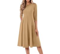 Wickelkleid Damen, Damen Tailliertes Midikleid Kleider Sommer Elegant Freizeitkleid Rundhals 3/4 Ärmel Sommerkleid Midikleid Lose A-Linie Mit Tasche Leichtes (3-Erdig Gelb, XL)