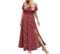 Wickelkleid Damen Elegant, Boho Kleid Rot Damen Sommer Boho Elegant Blumenkleid Sommerkleid A-Linie Kleid Strandkleid Tunika Curvy Casual Wickelkleid Boho-Kleid Sommerkleider