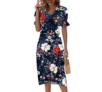 Wickelkleid Damen, Kleider Damen Elegante Rundhals Midi Sommerkleid Kurzarm V-Ausschnitt Elegant Sommer Strandkleid Midikleid Blumendruck Sommerkleider Cocktailkleid Knopf Tailliert (3-Marine, M)