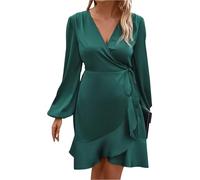 Wickelkleid Damen Langarm Elegant Satin Festliche Kleider Damen Kurz V Ausschnitt Partykleid Damen A Linie Rüschen Cocktailkleid Silvester Wickel Schnürung Abendkleid Frauen Volant Einfarbig
