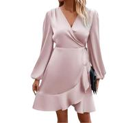 Wickelkleid Damen Langarm Elegant Satin Festliche Kleider Damen Kurz V Ausschnitt Partykleid Damen A Linie Rüschen Cocktailkleid Silvester Wickel Schnürung Abendkleid Frauen Volant Einfarbig