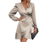 Wickelkleid Damen Langarm Elegant Satin Festliche Kleider Damen Kurz V Ausschnitt Partykleid Damen A Linie Rüschen Cocktailkleid Silvester Wickel Schnürung Abendkleid Frauen Volant Einfarbig
