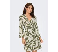 Wickelkleid JDY "JDYSEZEN LIFE 7/8 SHORT DRESS WVN DIA", Damen, Gr. L, N-Gr, grün (sandshell aop:deep lichen grün), Web, Obermaterial: 100% Viskose, bedruckt, regular fit kurz, V-Ausschnitt, weit, Kle