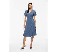 Wickelkleid VILA "VILOVIE S/S WRAP MIDI DRESS - NOOS", Damen, Gr. 36, N-Gr, blau (vintage indigo), Web, Obermaterial: 100% Polyester, unifarben, modisch, regular fit kniefrei, V-Ausschnitt, Kurzarm, K