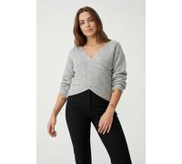 Wickelpullover PIECES "PCSILLY LS REV WRAP KNIT NOOS BC", Damen, Gr. S, light grau melange, Strick, Obermaterial: 90% Polyester, 5% Wolle, 5% Elasthan, meliert, unifarben, figurbetont taillenlang, V-A