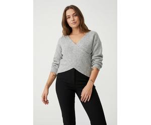 Wickelpullover PIECES "PCSILLY LS REV WRAP KNIT NOOS BC", Damen, Gr. XS, grau (light grau melange), Strick, Obermaterial: 90% Polyester, 5% Wolle, 5% Elasthan, meliert, unifarben, figurbetont taillenl